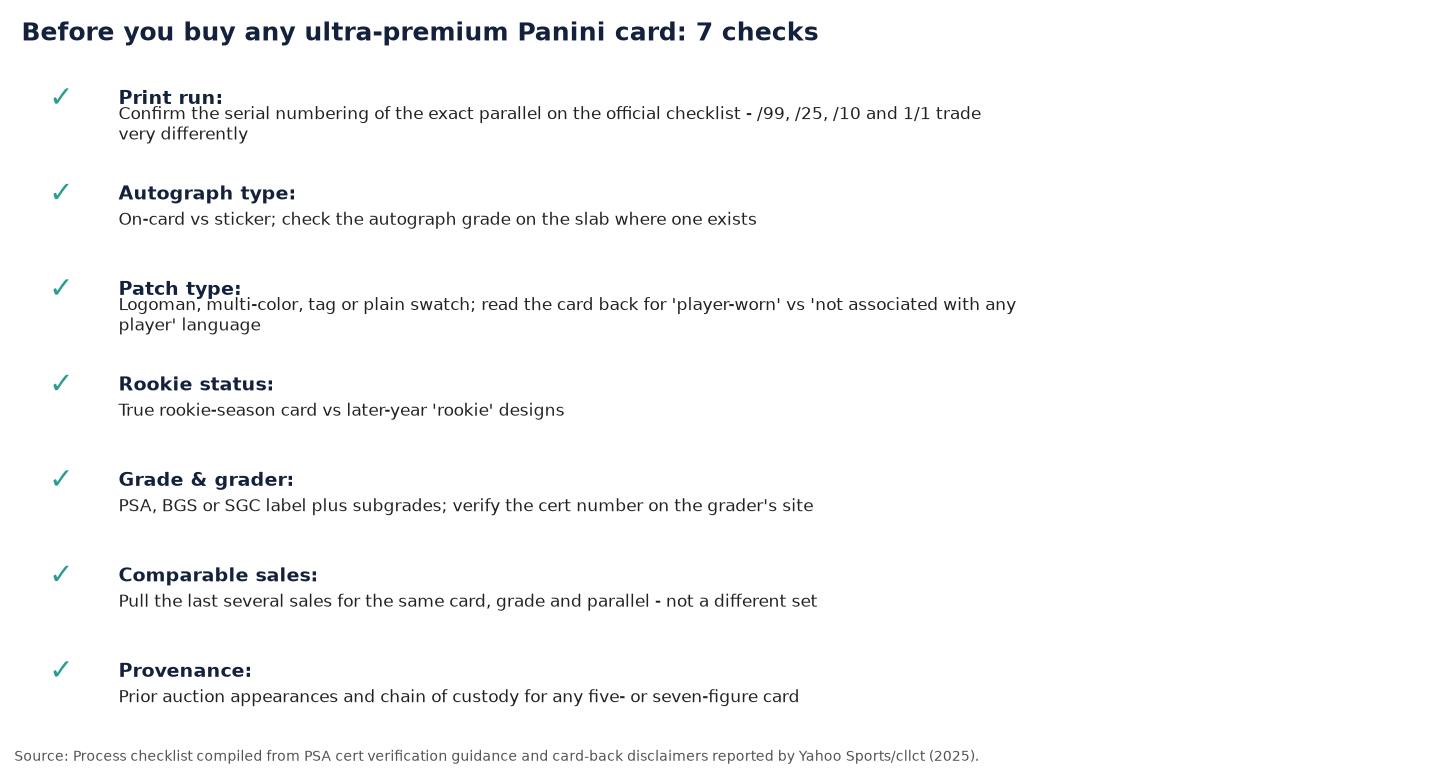 Checklist infographic listing seven checks before buying an ultra-premium Panini card: print run, autograph type, patch type, rookie status, grade and grader, comparable sales, provenance